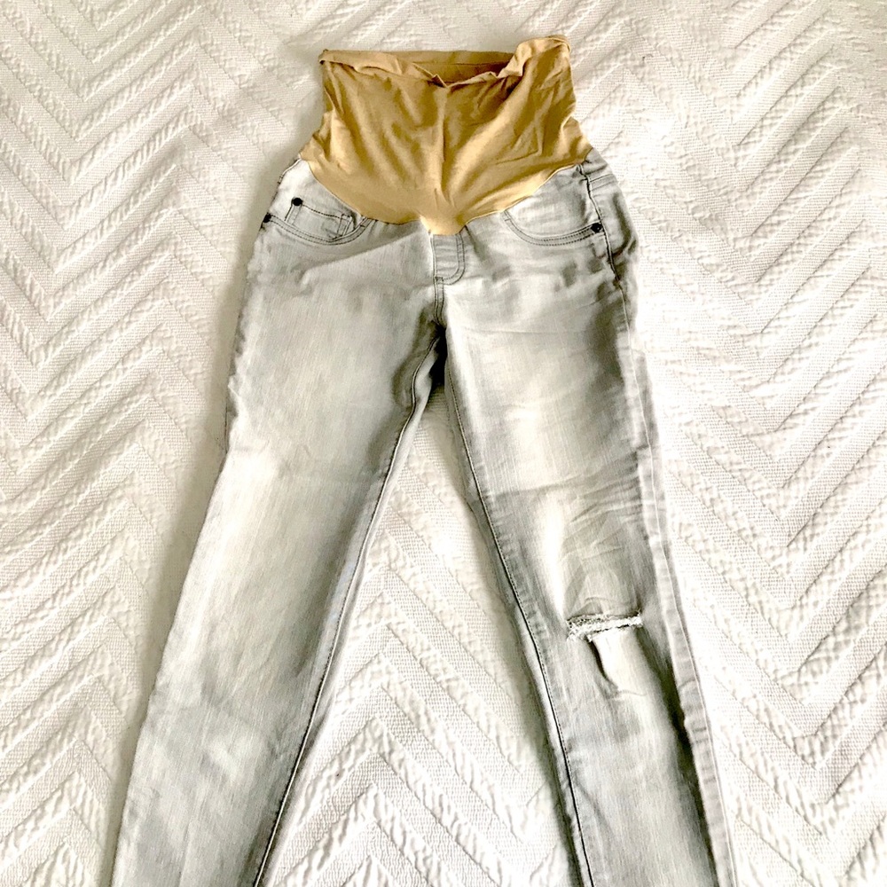 Gray Distressed Skinny Maternity Ankle Jeggings XS